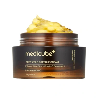 کرم کپسولی تقویت کننده و روشن کننده پوست مدی کیوب Medicube حاوی ویتامین سی و نیاسینامید مدل Deep Vita C Capsule Cream(55 گرم)